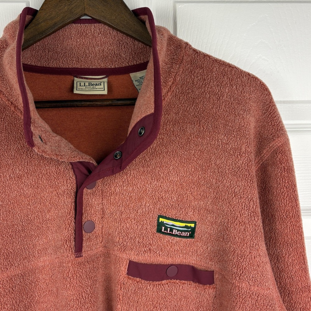 LL Bean Pullover Sweater 2XL Pink Fleece Snap Mock Neck Pockets Logo